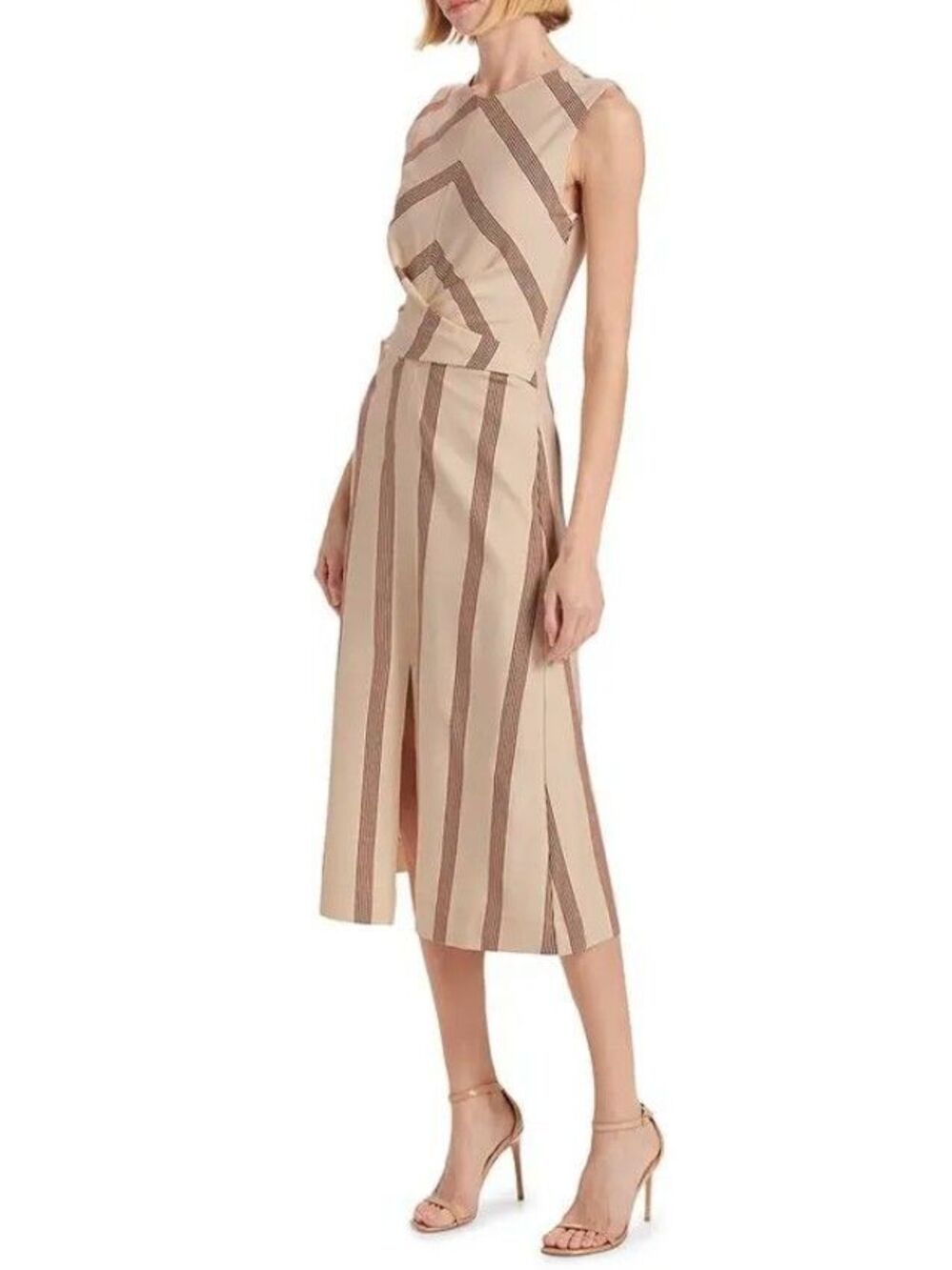 Tanya Taylor NWT Striped Sheath Midi Dress Boatneck Sleeveless Front Slit Sz M